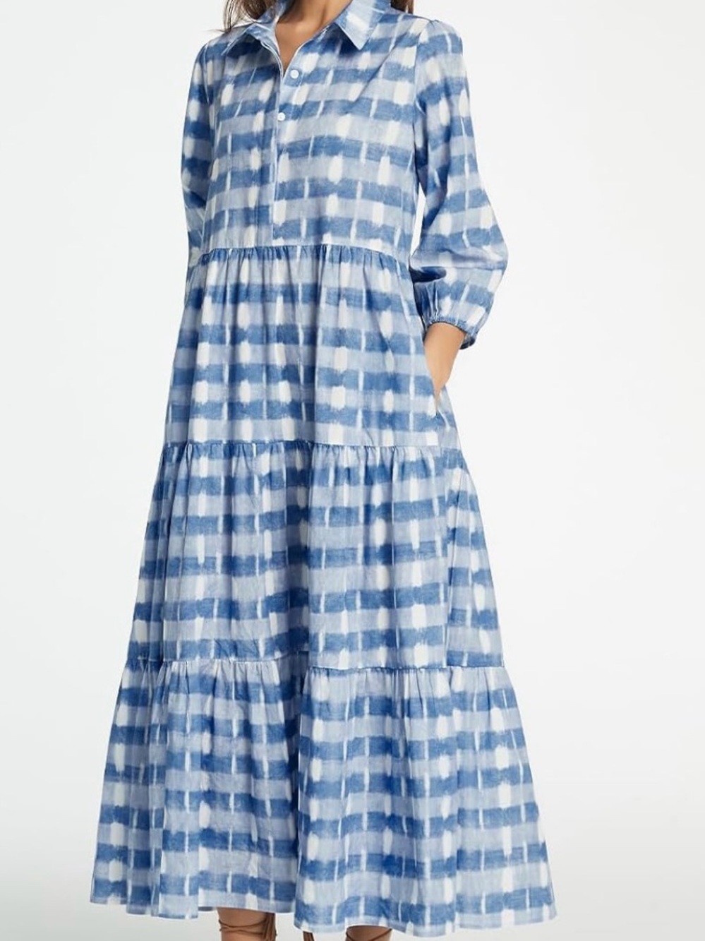 Blue Check Tiered Shirt Dress - Women